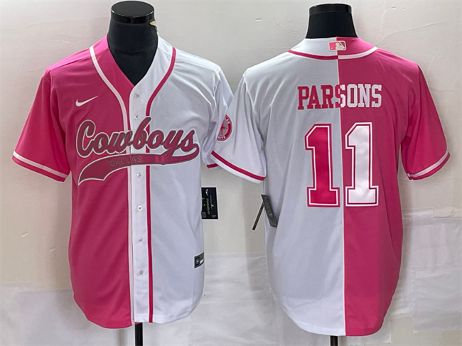 Men's Dallas Cowboys #11 Micah Parsons Pink/White Split Cool Base Stitched Baseball Jersey Men's Dallas Cowboys #11 Micah Parsons Pink/White Split Cool Base Stitched Baseball Jersey